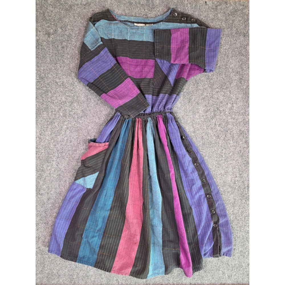 Vintage 80s Michel NY Paris Color BLock Cotton Dress Womens L Boho Patchwork
